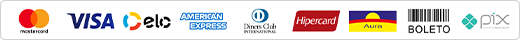 Formas de pagamento: Visa, Mastercard, Diners Club, Aura, Elo, Hipercard, American Express, Boleto